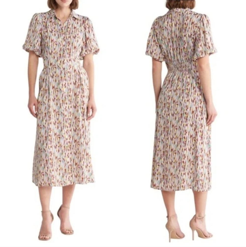 MELLODAY Puff Sleeve Satin Shirtdress Small Maxi Dress Button Down Purple Green - Picture 1 of 14